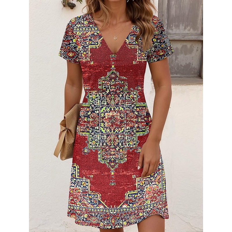 Women's Mini Dress T Shirt Dress Tee Dress Sundress Vacation Casual Boho Going out Regular Fit Graphic Paisley Short Sleeve V Neck Black Gold Ash Black Red Summer Spring4