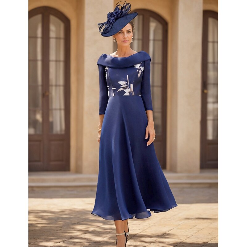 A-Line Mother of the Bride Dress Wedding Guest Elegant Vintage Bateau Neck Ankle Length Chiffon 3/4 Length Sleeve with Flower Solid Color Wedding Guest Dress