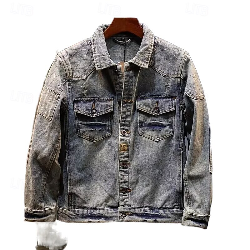 Men's Lightweight Jacket Denim Jacket Formal Home Windbreaker Durable Pocket Classic Spring Fall Winter Solid Color Active Vintage Turndown Regular Dark Grey Jacket2