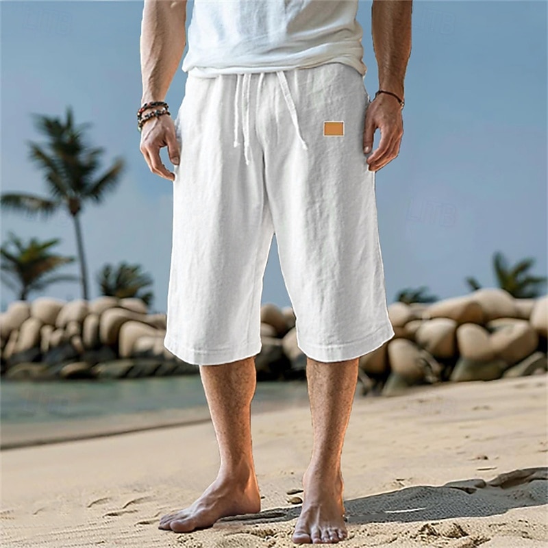 Men's Capri Pants Linen Shorts Summer Shorts Beach Shorts Pocket Drawstring Elastic Waist Plain Comfort Breathable Calf-Length Vacation Holiday Beach Hawaiian Boho Black White Micro-elastic