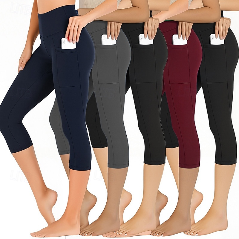 Women's Capri Pants Leggings Cozy Leggings Streetwear Casual Calf-Length Natural Plain Pocket Elastic Waist Comfy Outdoor Comfortable Vacation Yoga Athleisure Wine Grey Black Dark Blue Summer Regular