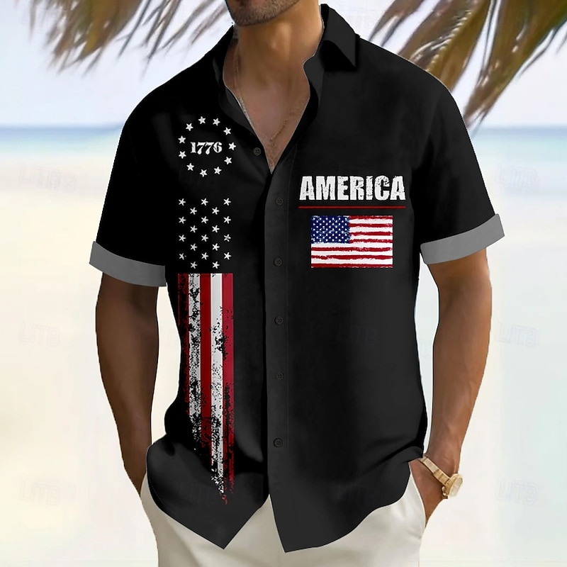 Independence Day Men's American US Flag Patriotic 1776 Shirt Summer Shirt Button Up Shirt Short Sleeve Fashion Casual Outdoor Vacation Dailywear Summer Turndown 3D Print Linen Like Shirt White Red