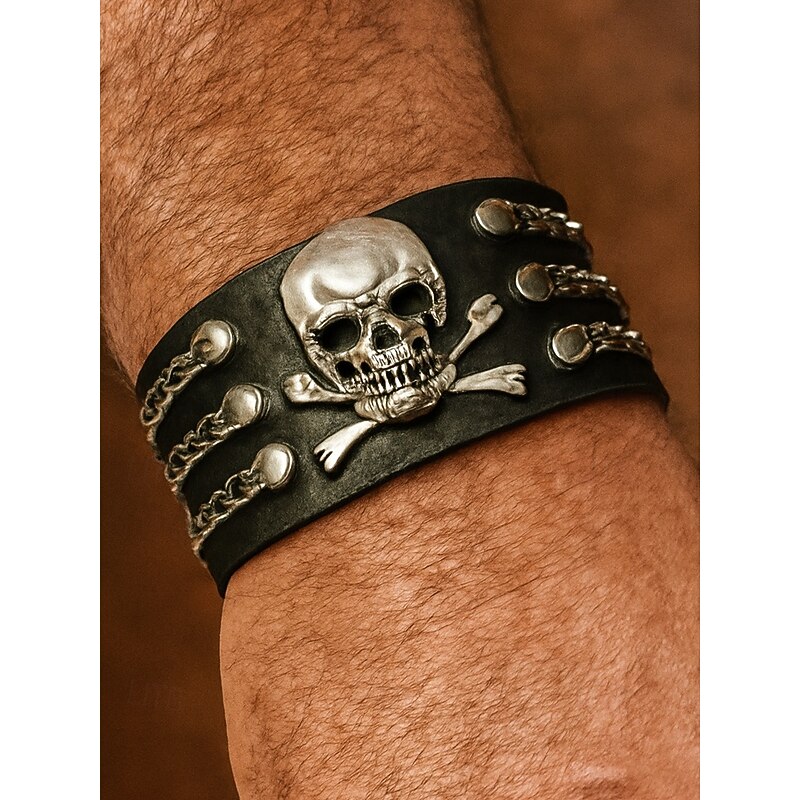Men's Gothic Skull and Spiked Leather Bracelets – Vintage Punk Style, Halloween Party Accessory, Adjustable, Suitable for Cosplay and Everyday Wear3