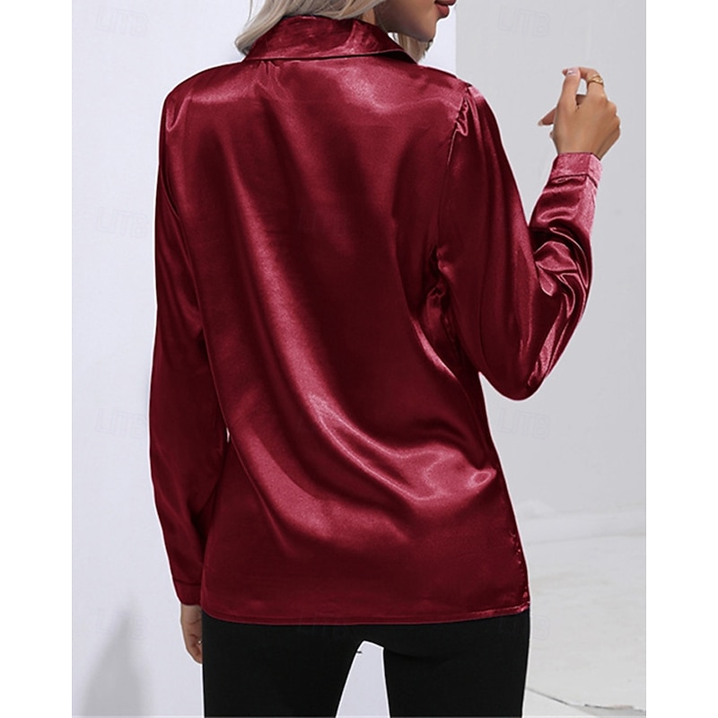 Women's Shirt Silk Shirt Plain Daily Stylish Casual Long Sleeve Shirt Collar Regular Tops Work Daily Holiday Buttons Black White Wine Spring Fall3