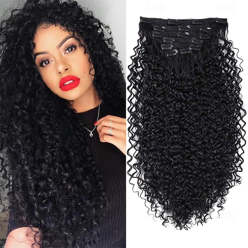 26 inch Kinky Curly Clip In Hair Extensions Double Weft Full Head Japanese Heat Resistance Fiber 140g Synthetic Curly Hair Extensions For Women 7pieces