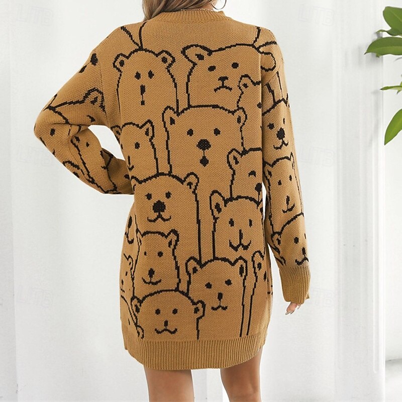 Women's Mini Dress Sweater Dress Knit Dress Casual Dress Fashion Outdoor Party Holiday Regular Fit Animal Long Sleeve Crew Neck White Green Khaki Fall Winter4