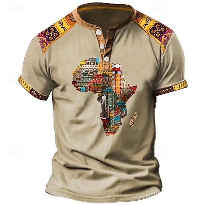 Men's Graphic Tribal Henley Shirt Vintage Shirt Short Sleeve 3D Print Designer Ethnic Comfortable Outdoor Daily Summer Black Blue Brown Green Henley Henley T-Shirt