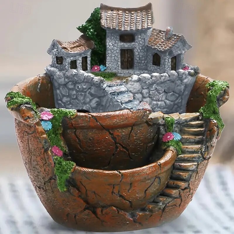 1pc Magic Garden Planting Pot - Fantasy Fairy House Design with stone walls ladders colorful flowers resin succulents and flower pots mini landscape containers for indoor and outdoor decoration