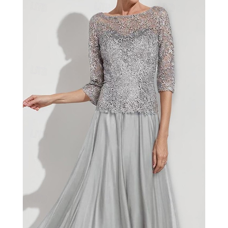 A-Line Mother of the Bride Dress Elegant Simple Minimalist Boat Neck Floor Length Chiffon Half Sleeve with Lace3