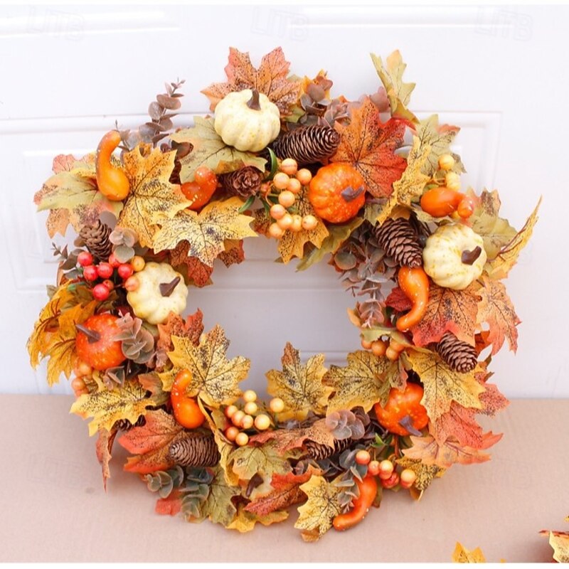 Fall Wreath for Front Door Thanksgiving Autumn Farmhouse Indoor Outdoor Decoration, Pumpkin Pinecone Berry Maple Leaf Vine Wreath, Rustic Harvest Door and Wall Hanging Decor3