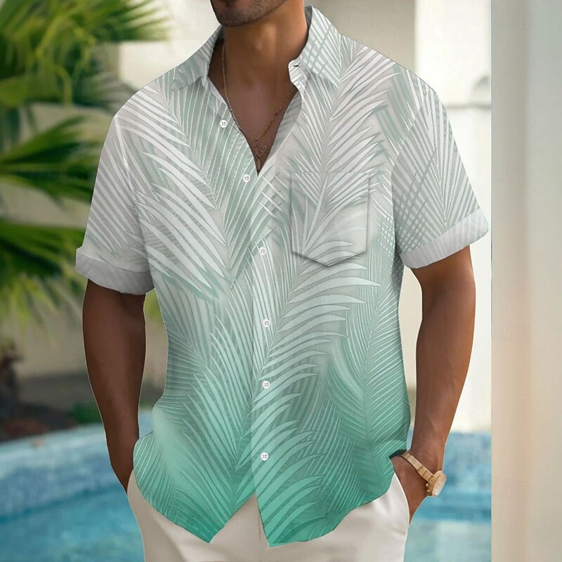 Men's Gradient Tropical Palm Leaf Summer Hawaiian Shirt Button Up Shirt Aloha Shirt Short Sleeve Hawaiian Holiday Beach Wear Summer Spring Turndown 3D Print Collared Shirts Front One Pocket Blue