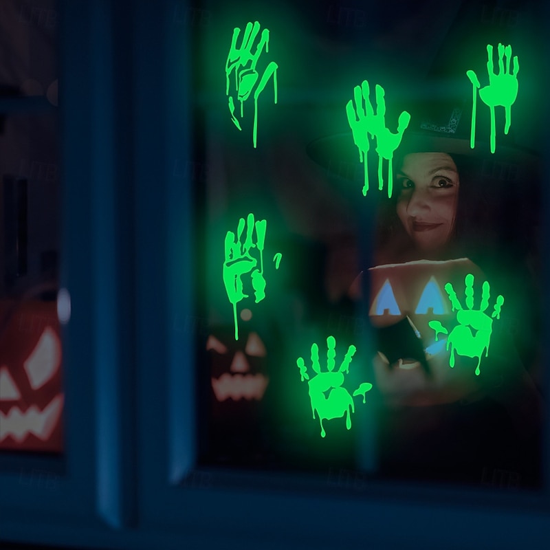 Halloween Sticker Glow in The Dark Bloody Handprint Wall Decal, Self-Adhesive Fluorescent Window Sticker for Glass Door, Party Decoration Removable Scary Clings4