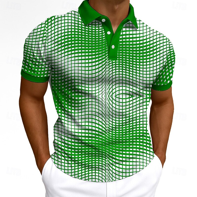 Men's Optical Illusion Geometic Polo Short Sleeve Polo Collar Casual Daily Modern Street Style Sports & Outdoor Athleisure Casual Daily Buttons 3D Print Summer Robin's Egg Blue Grey Green2