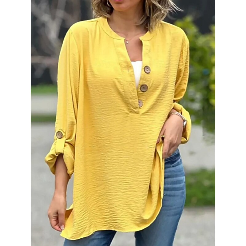 Women's Cotton Linen Shirts Solid Color Basic Casual Long Sleeve Crew Neck Regular Tops Daily Buttons Yellow Pink Blue Summer Fall3