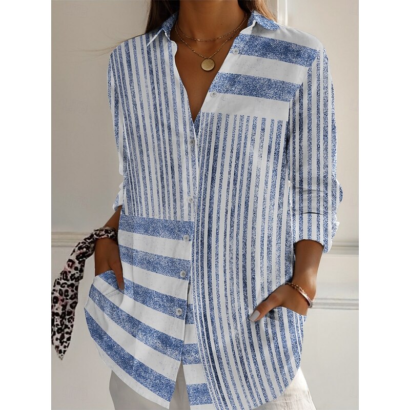 Women's Shirt Striped Active Daily Stylish Long Sleeve Shirt Collar Regular Tops Daily Holiday Buttons Print Pink Blue Gray Spring Fall3