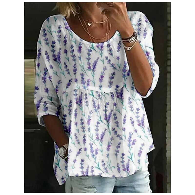 Women's Blouse Floral Stylish 3/4 Length Sleeve Crew Neck Regular Tops Daily Holiday Print White Pink Red Blue Purple Summer4