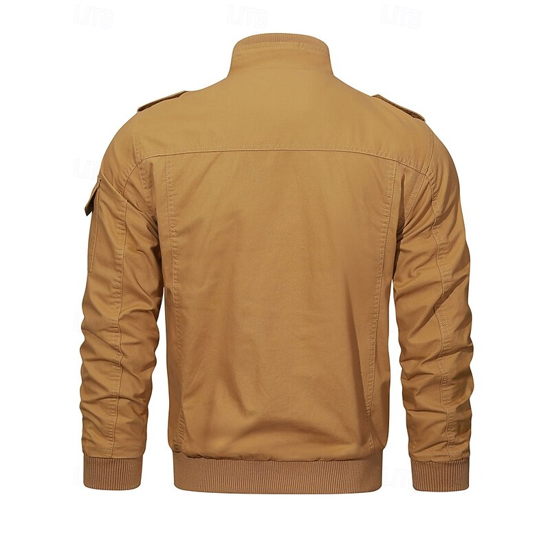 Men's Trucker Jacket Cargo Jacket Casual Jacket Vacation Daily Pocket Spring Fall Plain Fashion Classic Stand Collar Regular Black Khaki Army Green Jacket3