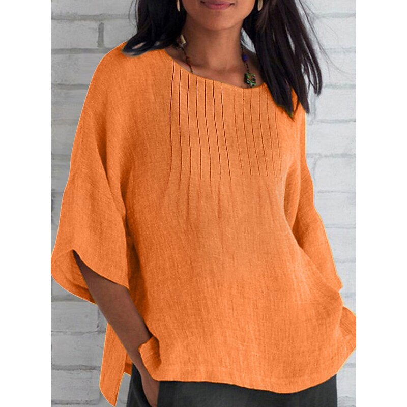 Women's Cotton Linen Shirts Solid Color Casual 3/4 Length Sleeve Boat Neck Regular Tops Daily White Pink Orange Green Summer Spring3