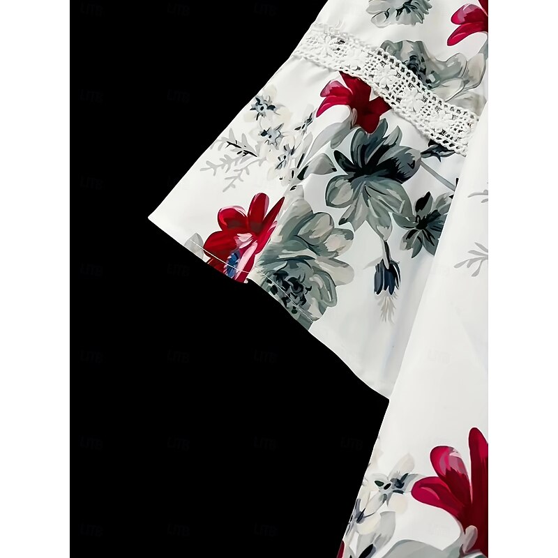 Women's Summer Tops Flower Modern Long Sleeve V Neck Regular Tops White Summer4