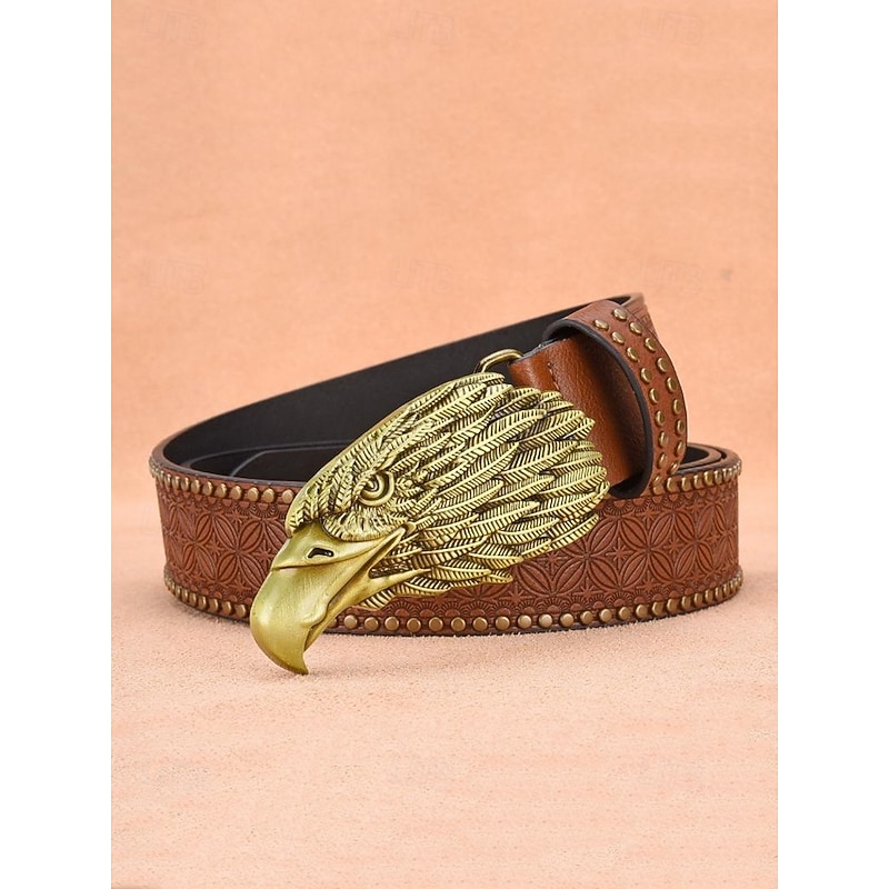 Men's Eagle Head Buckle Western Belt – Vintage Embossed Faux Leather Belt with Stud Details for Cowboys, Outdoor Events and Country Style