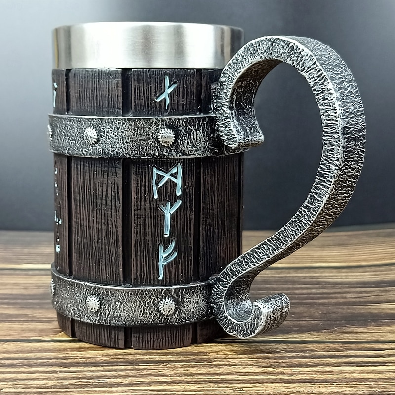 Vintage Wooden Barrel Beer Mug,Oktoberfest Gift Mug Large Resin Coffee Tankard with Stainless Steel Liner, Rustic Bamboo Style Stein for Bar, Pub, or Home Use