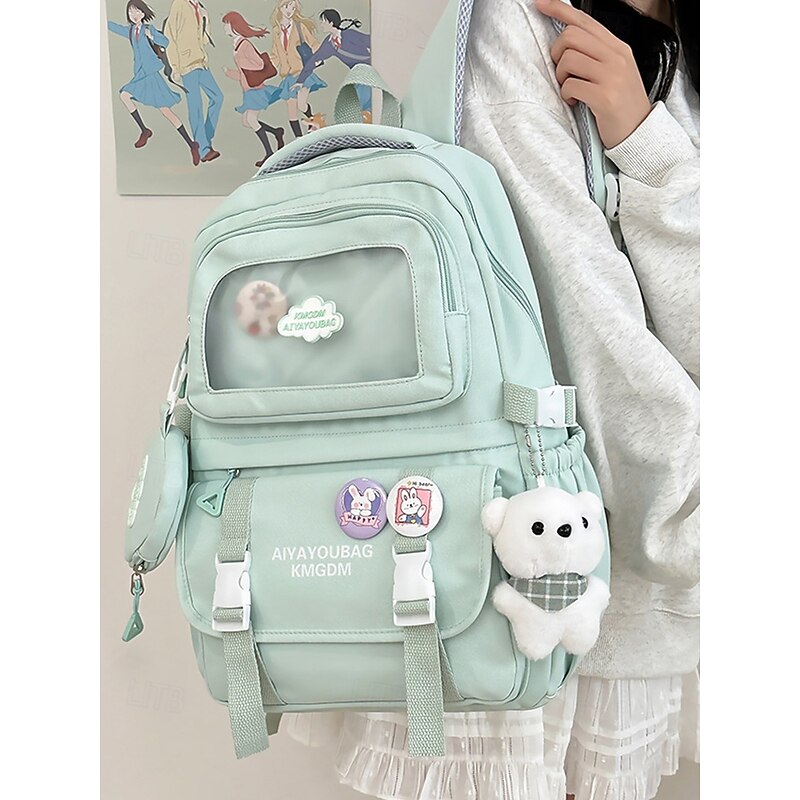Girls Cute Macaroon Color Campus Backpack - Waterproof Large Capacity School Bag with Decorative Pins, Plush Bear Keychain and Multiple Pockets, Suitable for Teen Students and Daily Campus Use