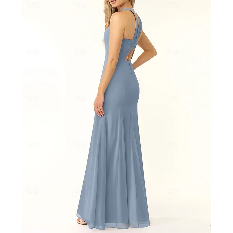 Mermaid / Trumpet Bridesmaid Dress Halter Neck Sleeveless Elegant Floor Length Chiffon with Split Front4