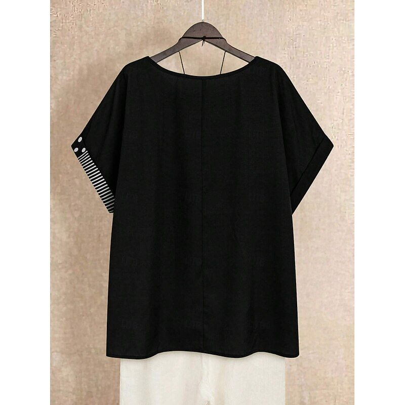 Women's Blouse Graphic Polka Dot Striped Basic Short Sleeve Crew Neck Regular Tops Holiday Buttons Print Black Navy Blue Green Summer Spring4