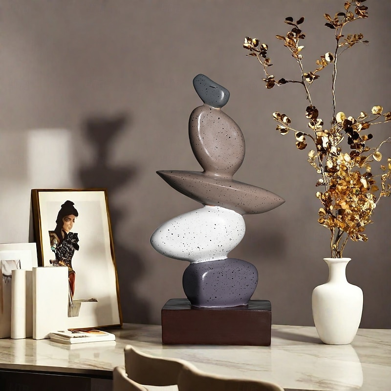 Resin Feng Shui Decor Ornament, 'Rolling Stone Brings Luck' Modern Entryway Figurine, Minimalist Home Decor Sculpture, Housewarming Gift for Living Room or Office