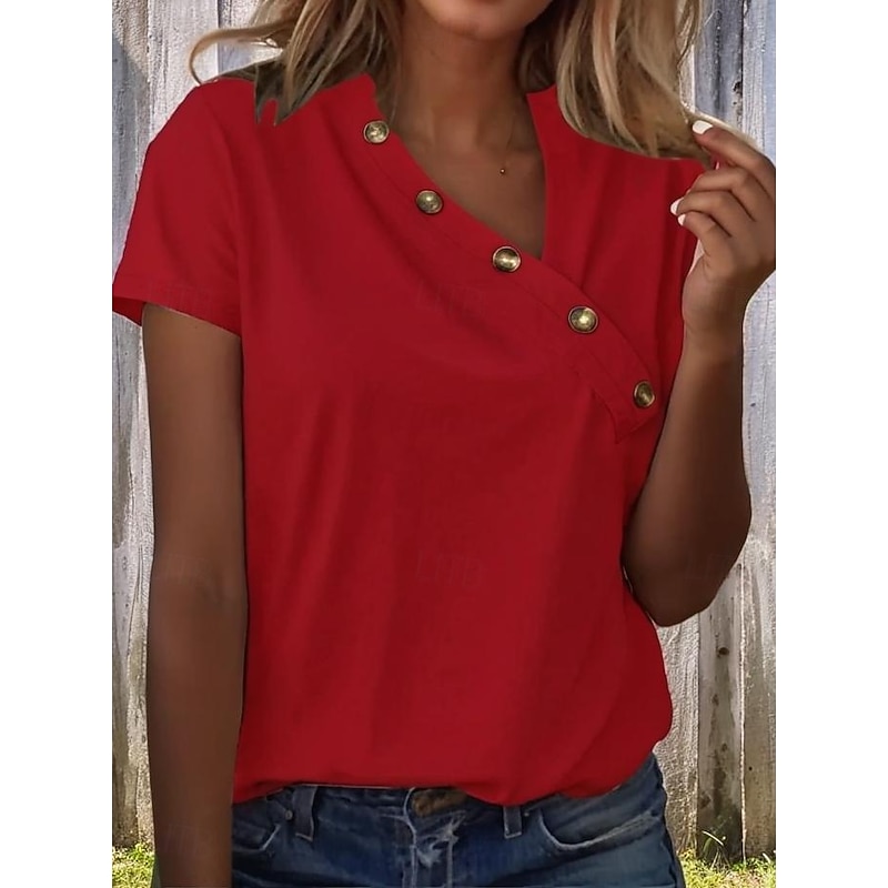 Women's T Shirt Plain Vintage Stylish Classic Short Sleeve V Neck Regular Tops Daily Buttons Print Black White Pink Red Royal Blue Summer Spring4