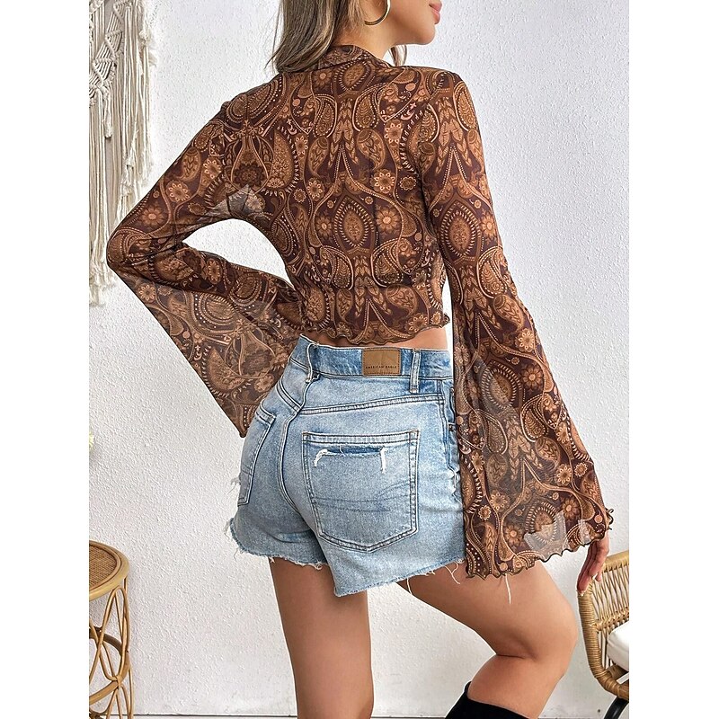 Women's Boho Shirt Blouse Paisley Daily Stylish Long Sleeve Bell Sleeve Crew Neck Crop Tops Daily Holiday Print Brown Summer Spring2