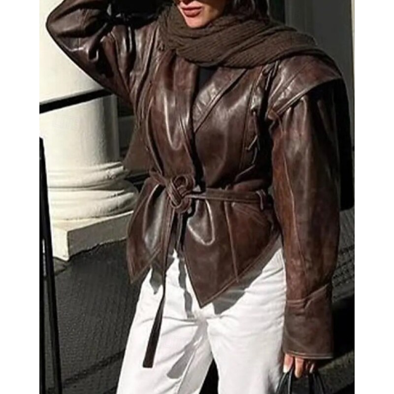 Women's Faux Leather Jacket Warm Comfortable Lace up Pocket Fashion Outdoor Plain Street Casual Daily Regular Turndown Regular Fit Long Sleeve Outerwear Black Brown Fall Winter2