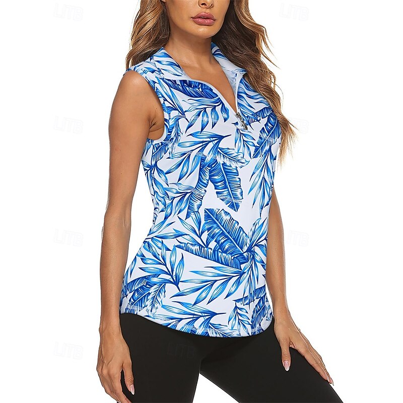 Women's Graphic Floral Tropical Sport Shirt Golf Polo Shirt Tennis Shirt Sleeveless Zipper High Elasticity Moisture Wicking Breathable Tennis Golf Pickleball Turndown Zip Collar Shirt Top Pink Blue3