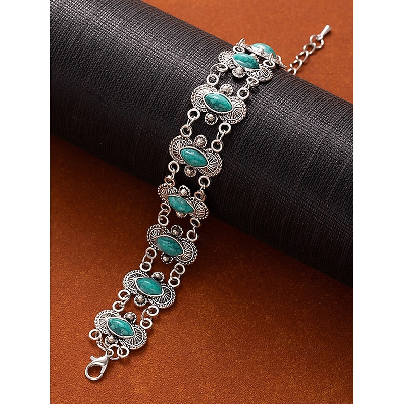 Women's Vintage Boho Turquoise Stone Bracelet – Antique Silver-Plated Chain Link Design for Casual Wear Parties and Gifts4