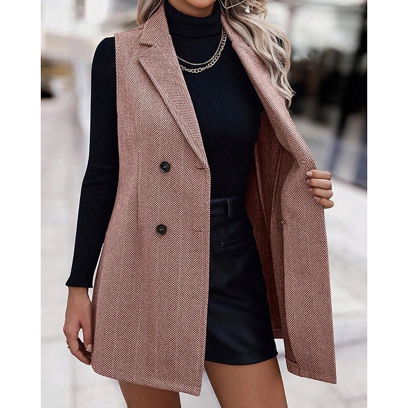 Women's Vest Comfortable Buttons Casual Plain Outdoor Vacation Holiday Casual Daily Double Breasted Long Turndown Regular Fit Sleeveless Outerwear Camel Drak Red Fall Winter2