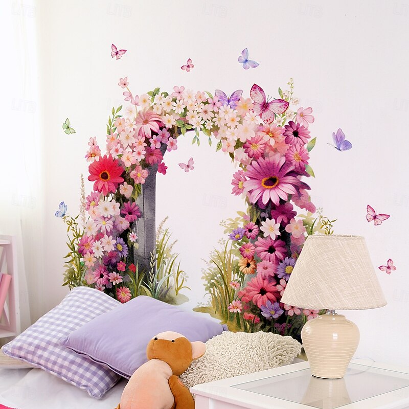 Wall Sticker Decal with Window Sill, Door Frame, Flowers and Butterfly Decor for Living Room and Bedroom Background Wall Decoration Sticker3