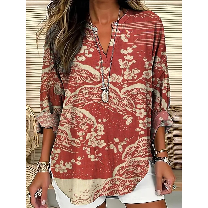 Women's Shirt Floral Stylish Modern Long Sleeve V Neck Regular Tops Daily Holiday Buttons Print Red Green Summer2