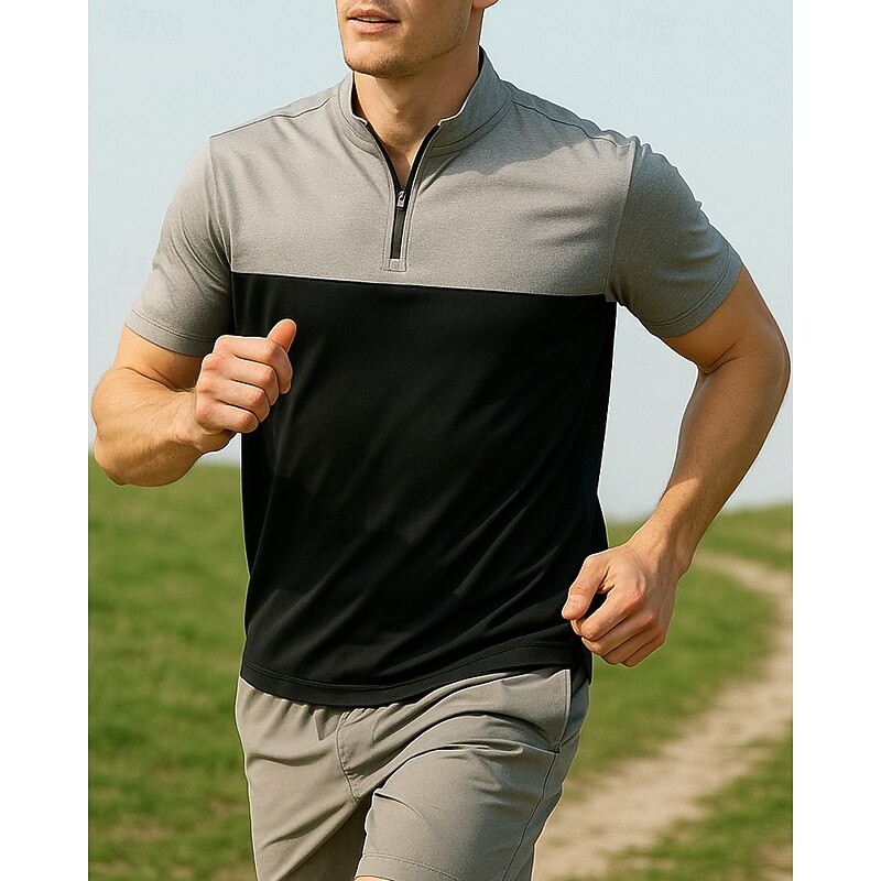 Men's Golf Polo Shirt Running Shirt Tennis Shirt Quarter Zip Short Sleeve Tee Tshirt Color Block Quick Dry Lightweight Elastic Breathable Tennis Golf Running Sportswear Activewear Dark Gray Green3