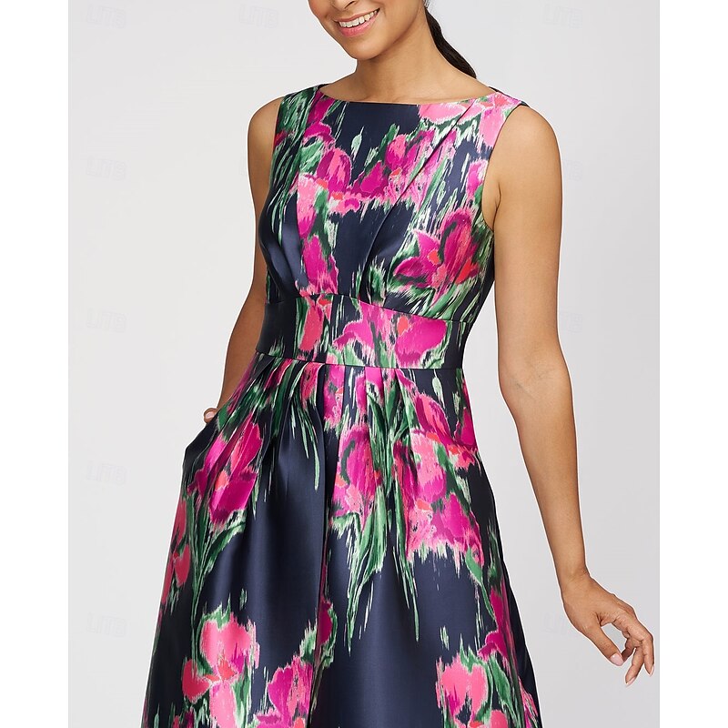 Jumpsuits Mother of the Bride A-Line Evening Gown Elegant Dress Formal Wedding Guest Floor Length Sleeveless Boat Neck Satin with Floral Print Pocket3