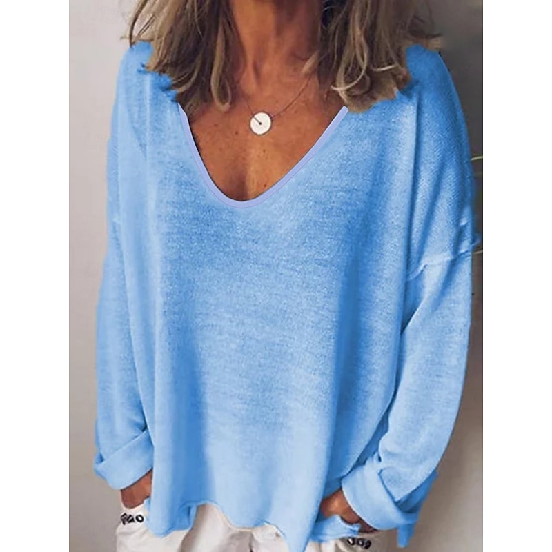 Women's Blouse Solid Color Stylish Casual Long Sleeve V Neck Regular Tops Daily Black White Yellow Army Green Blue Spring Fall Prefall