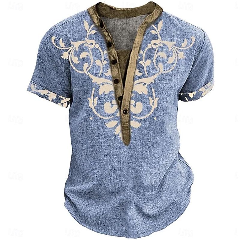 Men's Bohemian Style Ethnic T Shirt Henley Shirt Tee Short Sleeve Designer Basic Ethnic Outdoor Casual Daily Summer Light Blue Henley Henley T-Shirt