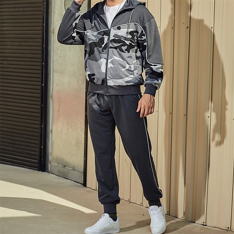 Men's Tracksuit Sweatpants Zip Up Hoodie Pocket Camouflage Clothing Suit Fall Army Green Khaki Gym Workout Sports Windproof Long Sleeve Sport Activewear Micro-elastic Regular Fit4