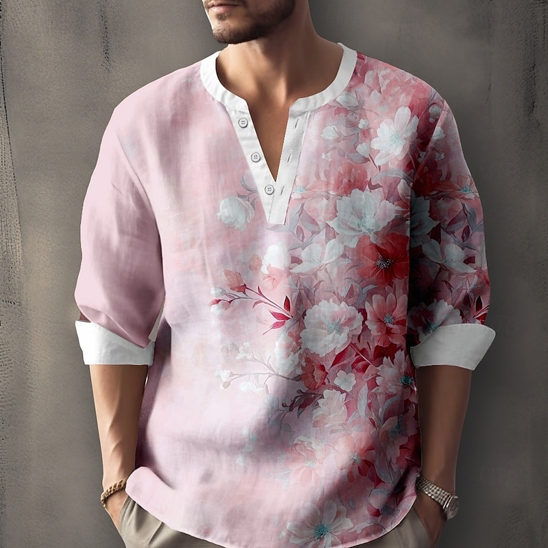 Men's Floral Print Flowers Shirt Henley Shirt Tunic Shirts Long Sleeve Casual Outdoor Vacation Daily Summer Spring V Neck Button Up 3D Print Linen Like Shirt Pink Blue Purple3