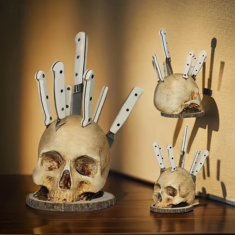 Skull Knife Holder for Kitchen Storage Skull Knife Holder Kitchen Decoration Horror Kitchen Storage Head Rack Kitchen Storage Rack Decoration Horror Party Storage Rack Gray