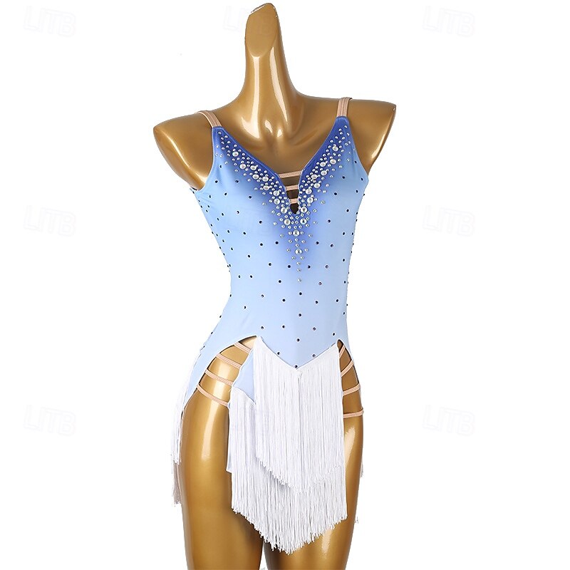 Latin Dance Dress Tassel Splicing Crystals / Rhinestones Women's Performance Party Sleeveless Chinlon Spandex4