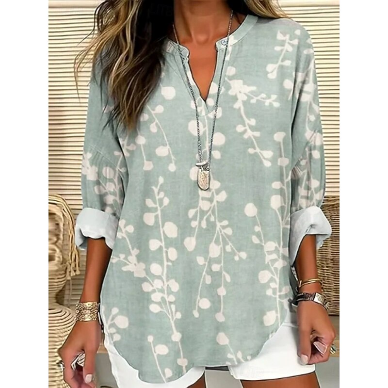 Women's Blouse Tunic V Neck Long Sleeve Boho Casual Tops Floral Graphic Leaves Bohemia Vintage Tropical Regular Tops Daily Wear Print Sage Green Red Navy Blue Dusty Blue Brown3