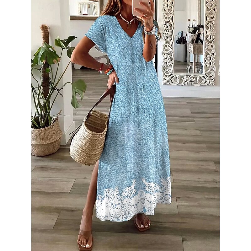 Women's Maxi Dress Casual Dress Sundress A Line Dress Elegant Vacation Casual Holiday Beach Regular Fit Ombre Floral Graphic Short Sleeve V Neck Light Green Sky Blue Summer Spring