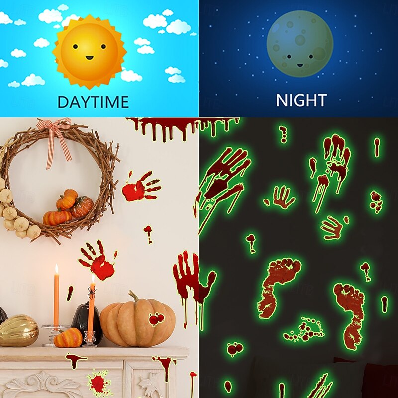 Halloween Decal Stickers Glow in The Dark Decoration, Luminous Bloody Handprints and Footprints Wall Stickers, Self-Adhesive Halloween Atmosphere Decor for Walls and Windows2