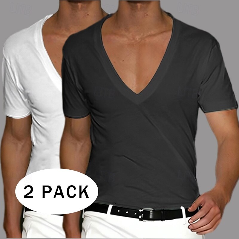 2Pcs Men's T Shirt Tee Top Short Sleeve Short Sleeves V Neck Summer Spring Plain Designer Basic Modern Contemporary Classic Style Basic Vacation Street Casual Black White Tee