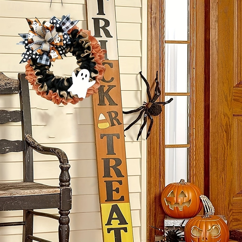 Halloween Wreath for Front Door, Cute Ghost BOO Burlap Bow Grapevine Wreath, Spooky Halloween Festival Hanging Decor3